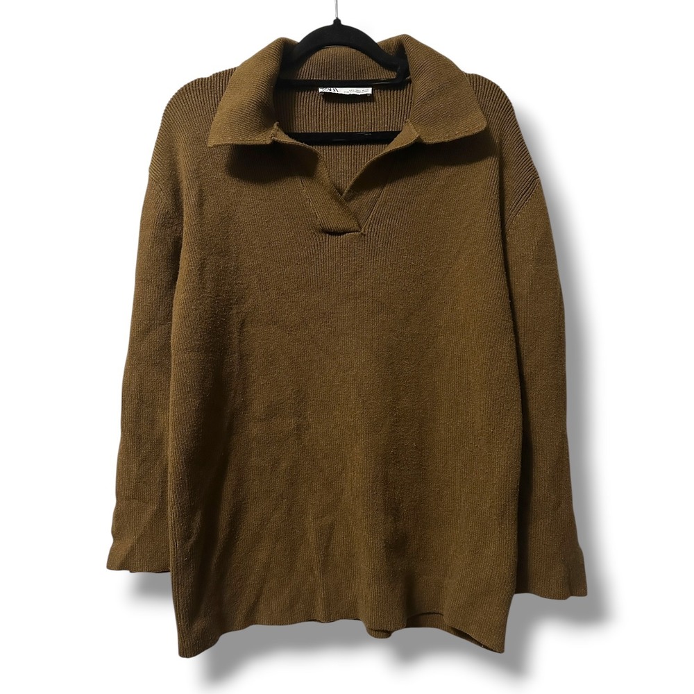 Zara Womens Ribbed Knit Polo Sweater Brown  V-Neck Long Sleeve L Minamist